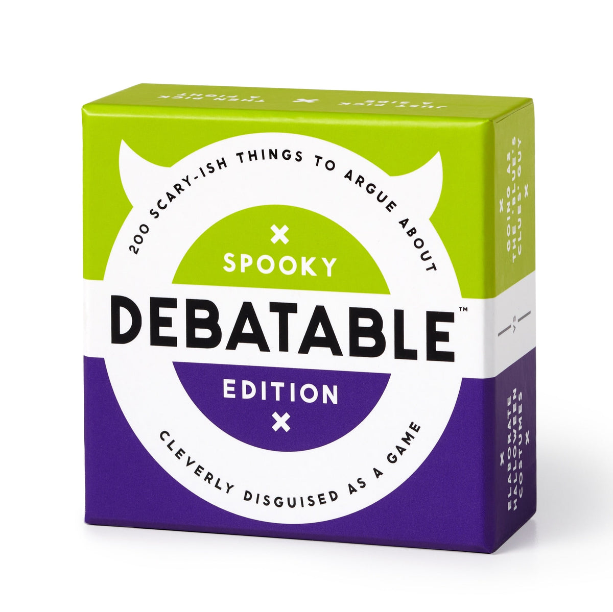 A green and purple box of Brass Monkey’s Debatable Spooky Edition with “200 scary-ish things to argue about” and “Cleverly disguised as a game” on the packaging.