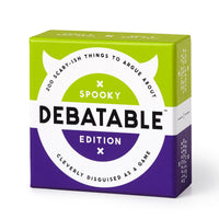 A green and purple box of Brass Monkey’s Debatable Spooky Edition with “200 scary-ish things to argue about” and “Cleverly disguised as a game” on the packaging.
