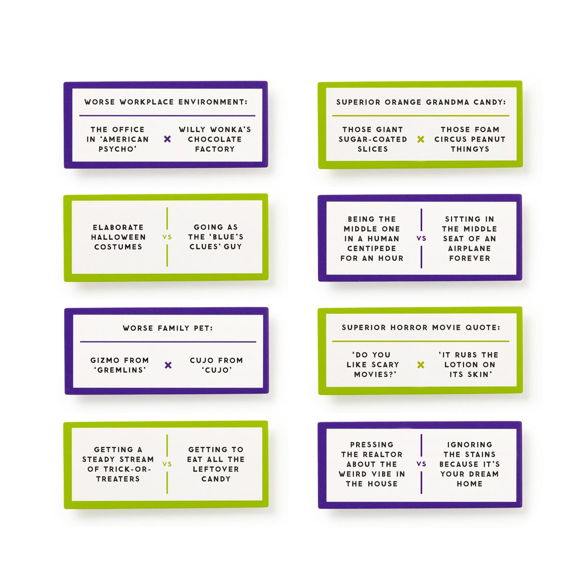 Debatable Spooky Edition by Brass Monkey includes eight cards, each featuring two quirky scenarios—like weirdest pet or creepiest movie quote—for players to compare. Cards have purple or green borders for easy reference.