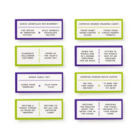 Debatable Spooky Edition by Brass Monkey includes eight cards, each featuring two quirky scenarios—like weirdest pet or creepiest movie quote—for players to compare. Cards have purple or green borders for easy reference.