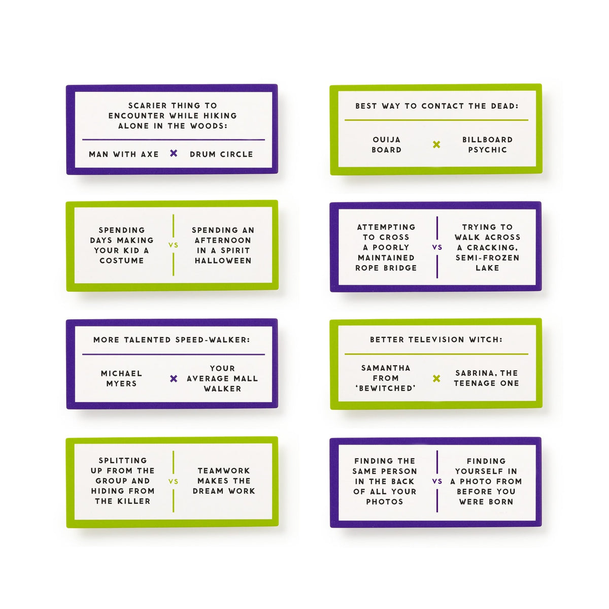 Debatable Spooky Edition by Brass Monkey is a set of 8 illustrated cards featuring humorous “this or that” scenarios—like choosing between a man with an axe or a drum circle as the scarier encounter while hiking.
