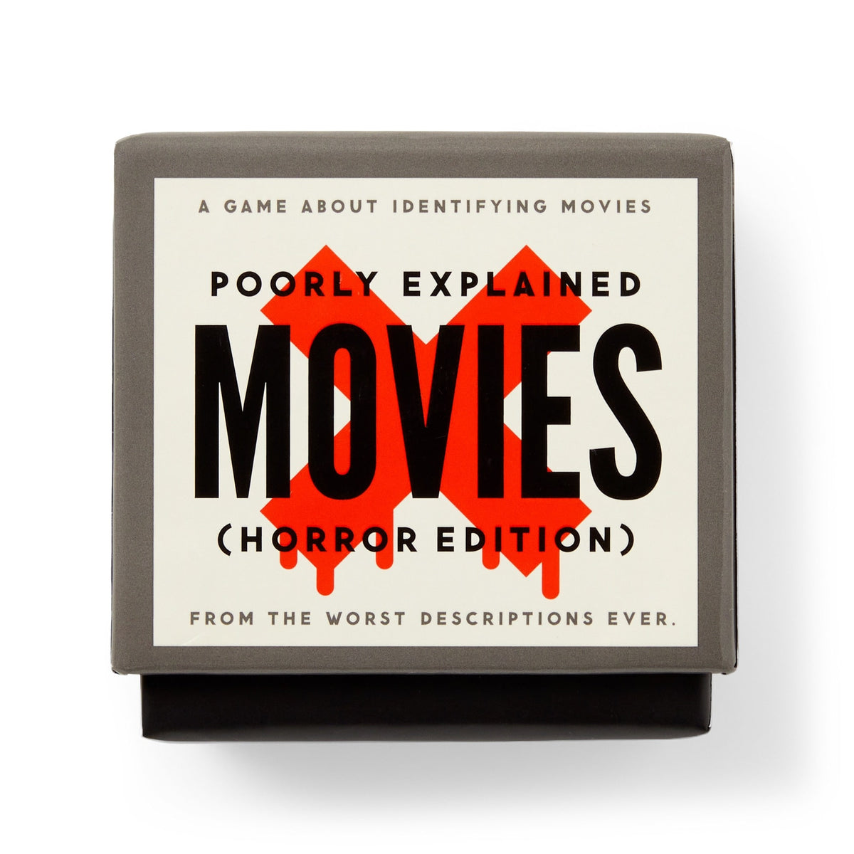 A box for Brass Monkey’s "Mini Poorly Explained Movies - Horror Edition" shows red Xs and the tagline: “A game about identifying movies from the worst descriptions ever.”.