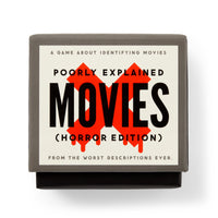 A box for Brass Monkey’s "Mini Poorly Explained Movies - Horror Edition" shows red Xs and the tagline: “A game about identifying movies from the worst descriptions ever.”.