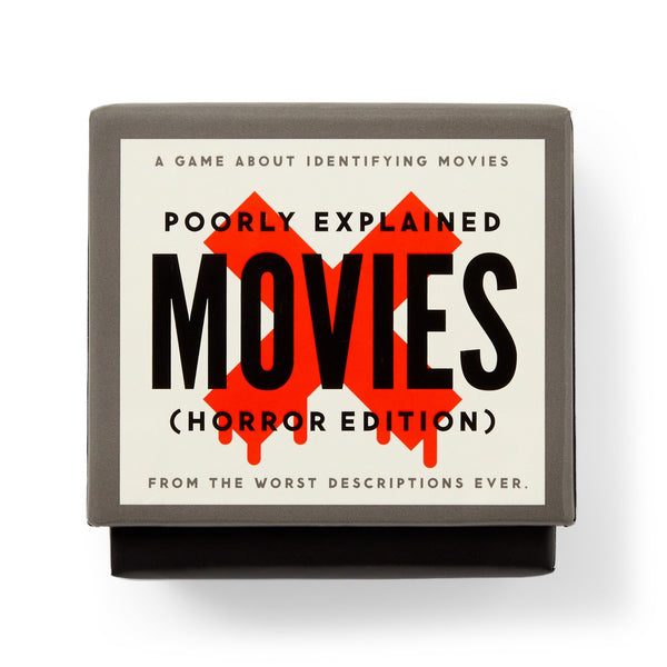A box for Brass Monkey’s "Mini Poorly Explained Movies - Horror Edition" shows red Xs and the tagline: “A game about identifying movies from the worst descriptions ever.”.