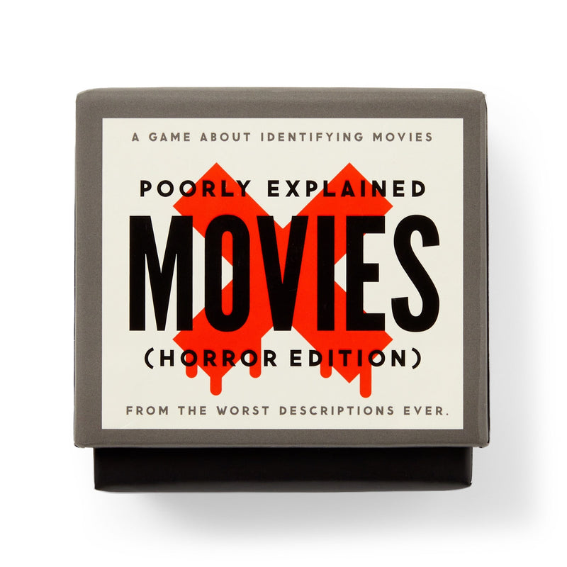 A box for Brass Monkey’s "Mini Poorly Explained Movies - Horror Edition" shows red Xs and the tagline: “A game about identifying movies from the worst descriptions ever.”.