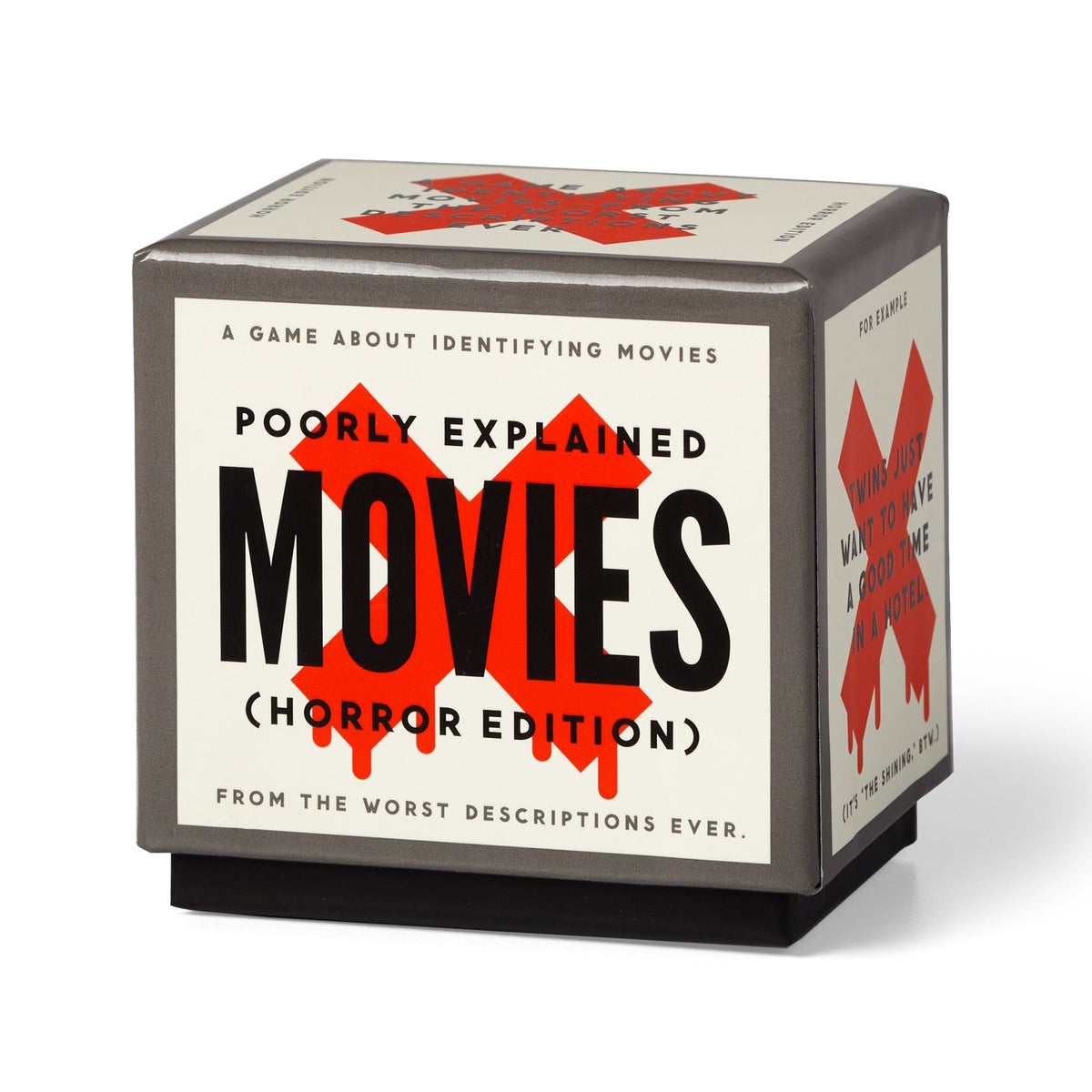 A cube-shaped game box labeled Mini Poorly Explained Movies - Horror Edition by Brass Monkey, with bold black and red text and the tagline: A game about identifying movies from the worst descriptions ever.