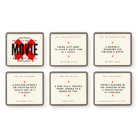 Brass Monkey's Mini Poorly Explained Movies - Horror Edition features six cards with witty hints about films like The Shining, The Ring, Midsommar, Carrie, and Paranormal Activity. The center card has "MOVIE" boldly crossed in red.
