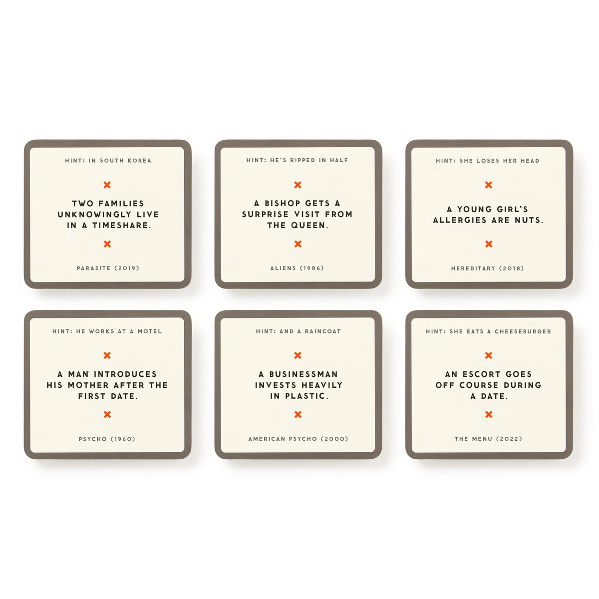 Mini Poorly Explained Movies - Horror Edition by Brass Monkey: six cards in two rows, each featuring a horror movie hint and literal plot—includes Parasite, Aliens, Hereditary, Psycho, American Psycho & The Menu.
