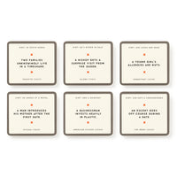 Mini Poorly Explained Movies - Horror Edition by Brass Monkey: six cards in two rows, each featuring a horror movie hint and literal plot—includes Parasite, Aliens, Hereditary, Psycho, American Psycho & The Menu.