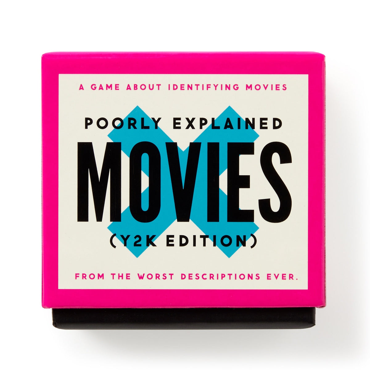 A white game box with pink edges, bold black text, and the Brass Monkey logo reads Mini Poorly Explained Movies – Y2K Edition: a party game where players guess movies from the worst descriptions ever.