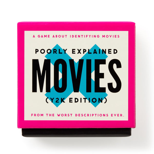 A white game box with pink edges, bold black text, and the Brass Monkey logo reads Mini Poorly Explained Movies – Y2K Edition: a party game where players guess movies from the worst descriptions ever.