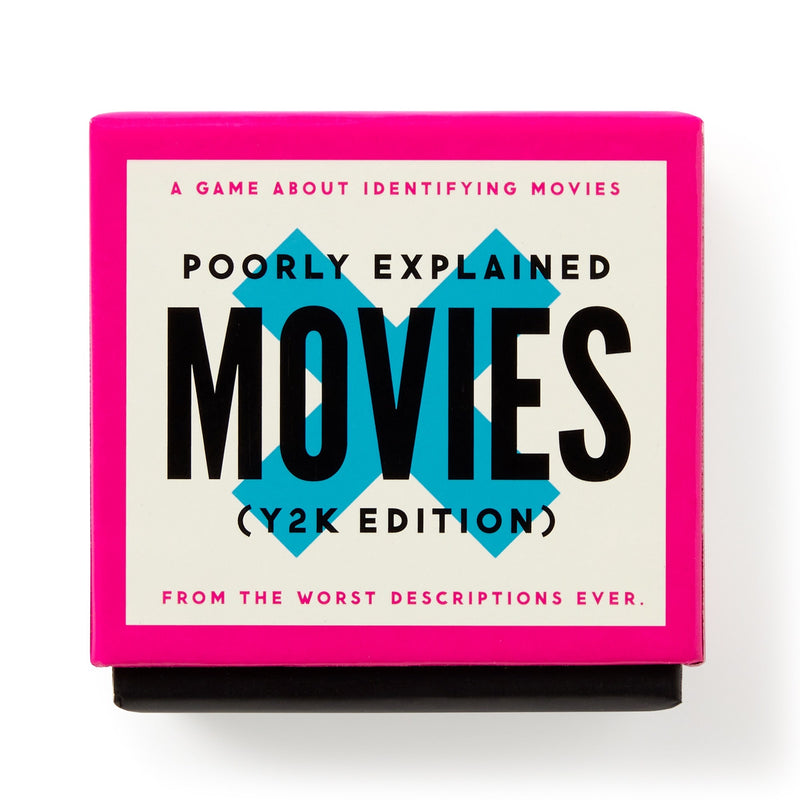 A white game box with pink edges, bold black text, and the Brass Monkey logo reads Mini Poorly Explained Movies – Y2K Edition: a party game where players guess movies from the worst descriptions ever.