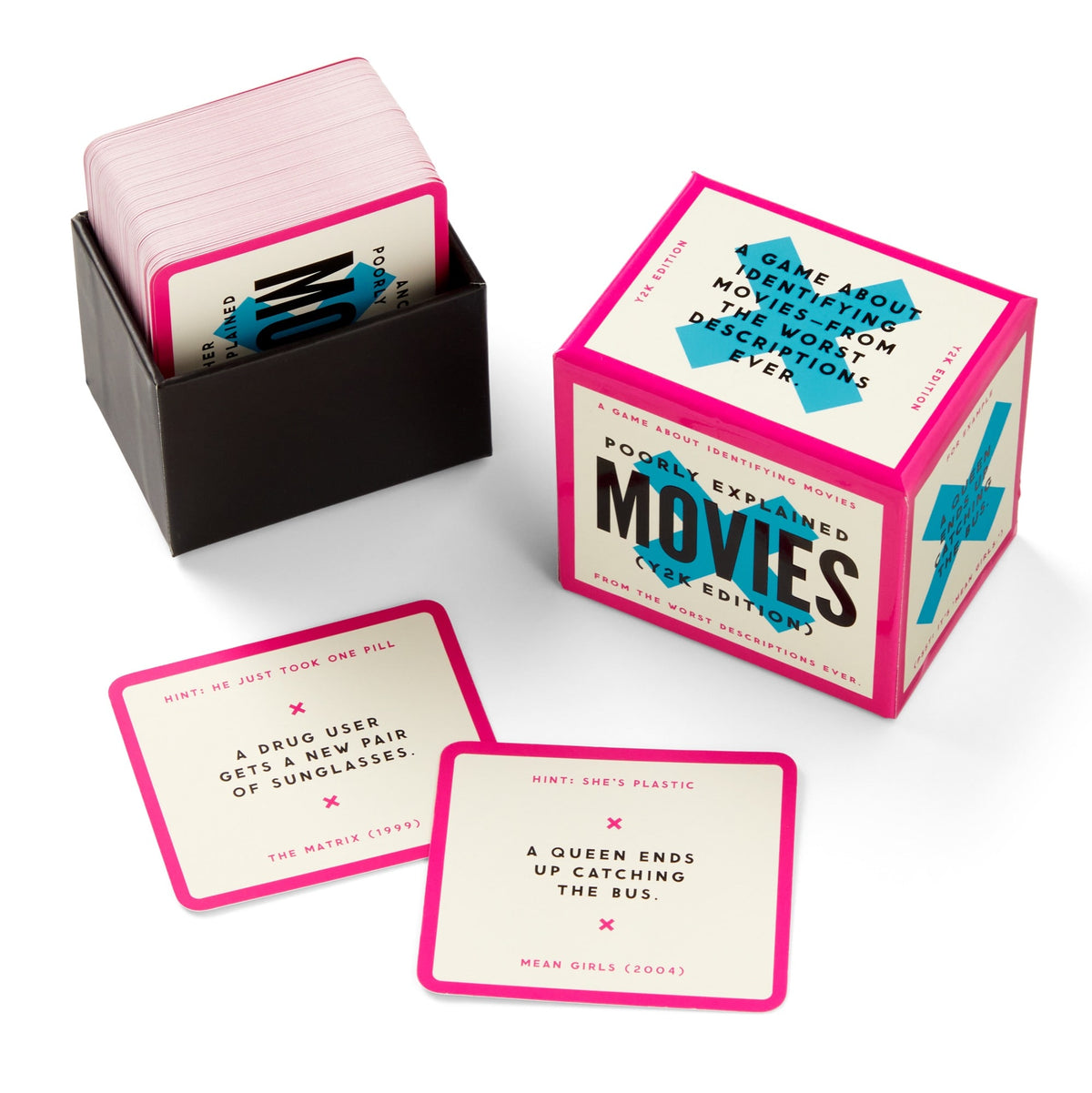 Mini Poorly Explained Movies – Y2K Edition by Brass Monkey is a card game featuring a box and stack of cards, with two visible cards showing funny movie plot hints for players to guess the film titles.