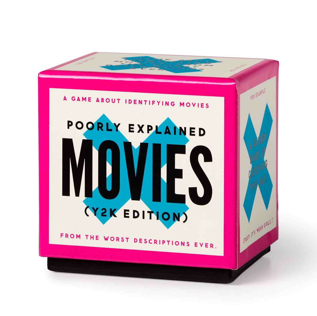 A pink and white Brass Monkey Mini Poorly Explained Movies – Y2K Edition box with blue Xs and the tagline: A game about identifying movies from the worst descriptions ever.