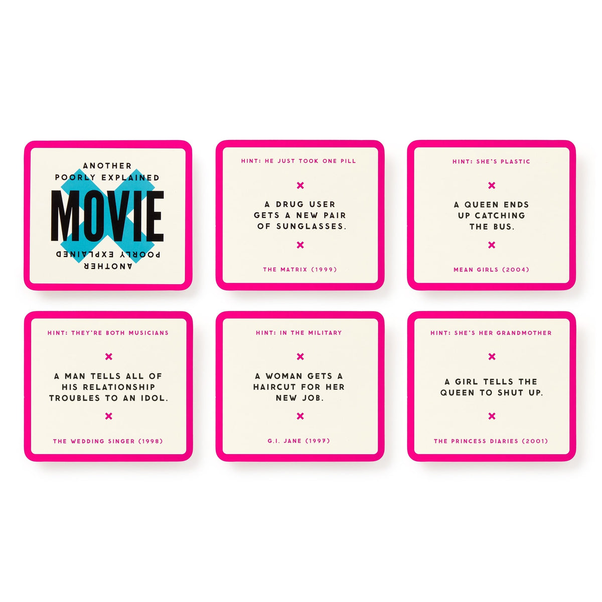 Mini Poorly Explained Movies – Y2K Edition by Brass Monkey is a set of six game cards, each with a vague movie plot hint, and the movie’s title and release year provided at the bottom.