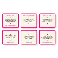 The Mini Poorly Explained Movies – Y2K Edition by Brass Monkey features six game cards with pink borders, each giving a movie hint and description. Titles include Ever After, The Notebook, Titanic, Memento, Superbad, and Cruel Intentions.