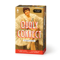 The Oddly Correct Party Game by Brass Monkey features vintage art of a woman in a dress and is for ages 16+. The box reads "Me, pooping at prom" and "A what’s this really a picture of?"—an adult board game with only wrong answers.