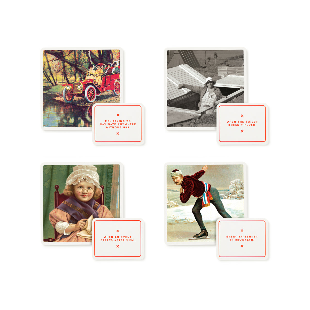 A collage of four vintage photos with humorous captions and funny red “X” signs—perfect inspiration for your next Brass Monkey Oddly Correct Party Game or adult board game night.
