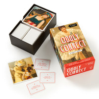 Brass Monkey’s Oddly Correct Party Game is shown with its vintage-inspired box featuring a woman and includes illustrated cards alongside white cards with red text, all arranged on a white surface.