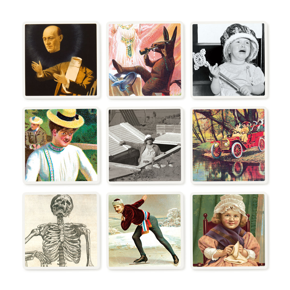 The Brass Monkey Oddly Correct Party Game showcases a 3x3 grid of vintage illustrations—like a man with a scroll, a dog with a lamp, and more—offering charming inspiration for your next memorable gathering.