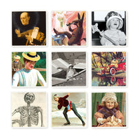 The Brass Monkey Oddly Correct Party Game showcases a 3x3 grid of vintage illustrations—like a man with a scroll, a dog with a lamp, and more—offering charming inspiration for your next memorable gathering.