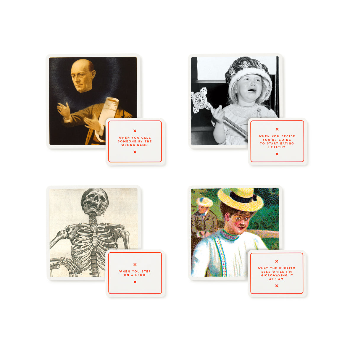 Oddly Correct Party Game by Brass Monkey features four vintage-style images with red X caption cards highlighting hilarious, awkward moments—like stepping on a Lego or talking health with relatives. The perfect funny card game for your next party night!.