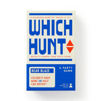Brass Monkey's Which Hunt Party Game: A hilarious party challenge of deciding "Which is it?"—harder than you'd think! Example: Bear Blaze—celebrity baby name or race car driver? For 2-50 players.
