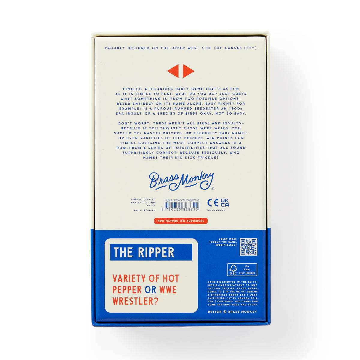 The back of a hilarious adult party game box titled Which Hunt Party Game by Brass Monkey. It asks, Variety of hot pepper or WWE wrestler? and features a description, company logo, and barcode on a white and blue background.