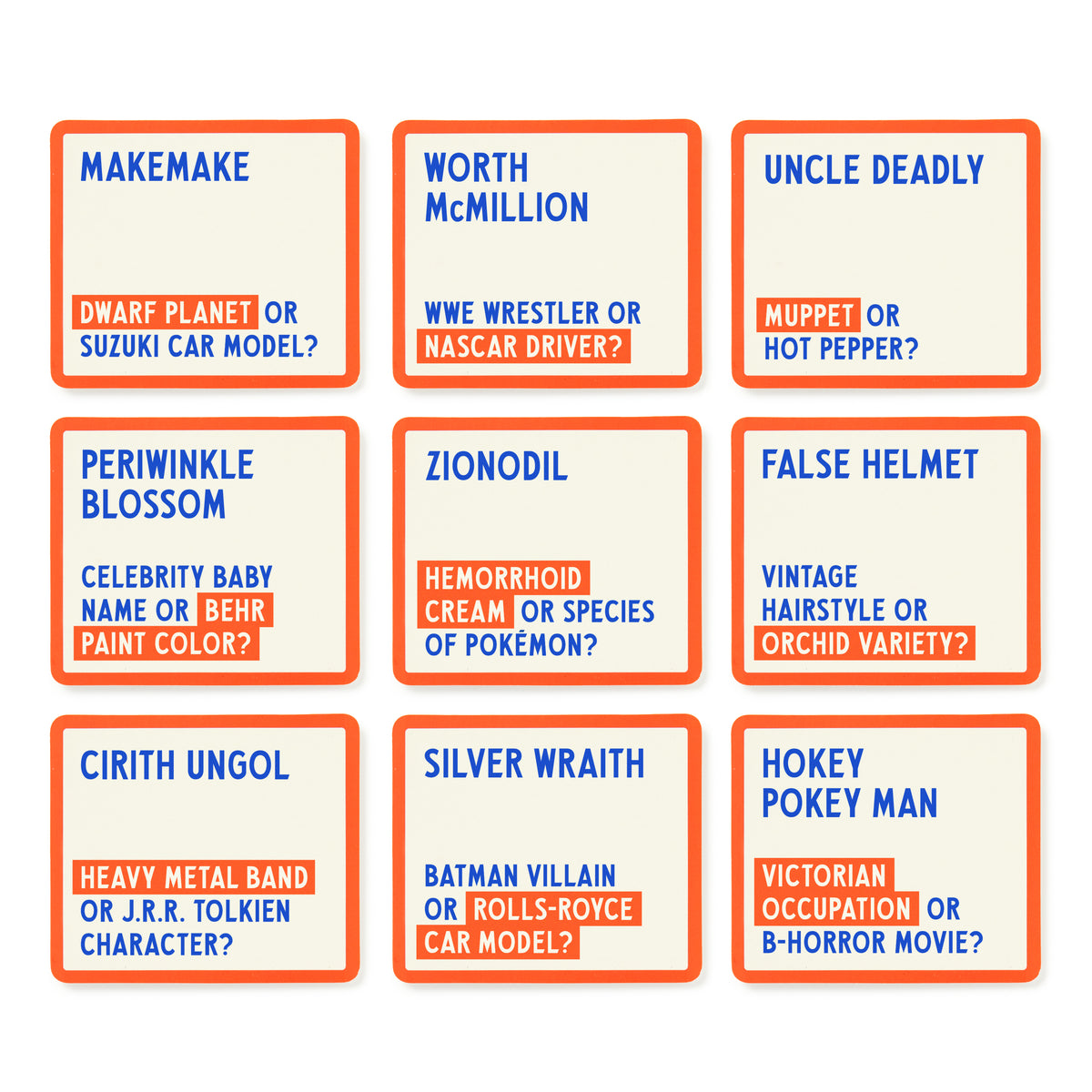 A 3x3 grid of cards with blue titles and orange questions compares two concepts—like the hilarious Brass Monkey Which Hunt Party Game—set on a white background with blue and orange borders.