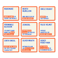A 3x3 grid of cards with blue titles and orange questions compares two concepts—like the hilarious Brass Monkey Which Hunt Party Game—set on a white background with blue and orange borders.