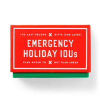 A red and green box labeled “Emergency Holiday IOUs Card Set” by Brass Monkey, featuring the text: “100 last-second gifts (for later). Plan ahead to not plan ahead.”.