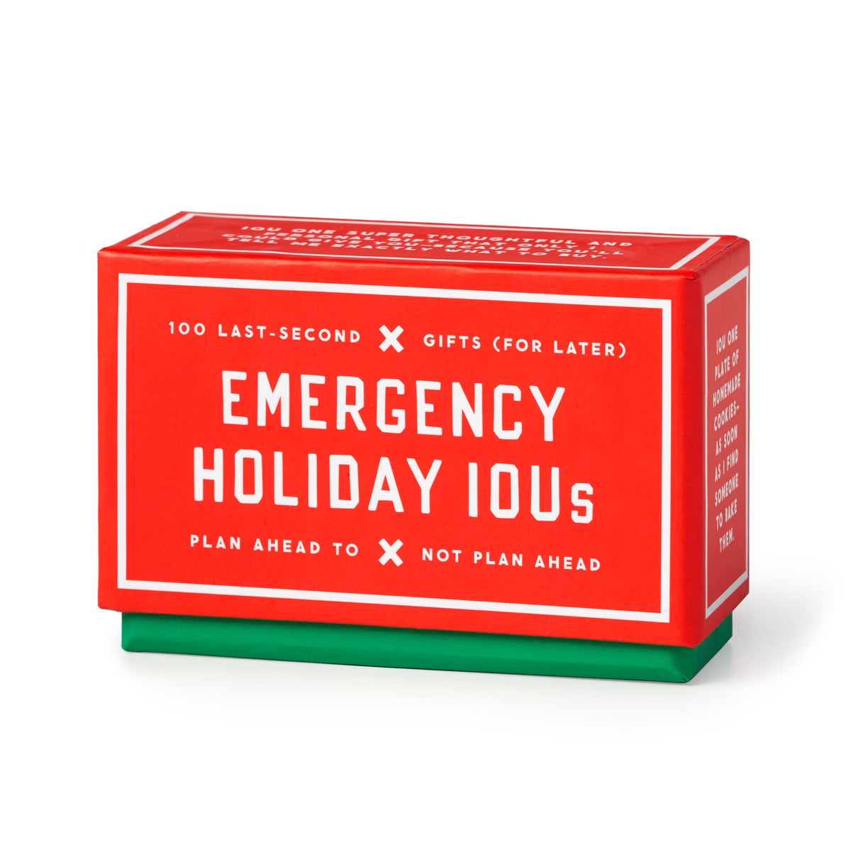 The Brass Monkey Emergency Holiday IOUs Card Set is a red and green box labeled “Emergency Holiday IOUs” with text: “100 last-second gifts (for later), Plan ahead to not plan ahead,” perfect for giving IOUs as last-minute holiday gifts.