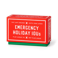 The Brass Monkey Emergency Holiday IOUs Card Set is a red and green box labeled “Emergency Holiday IOUs” with text: “100 last-second gifts (for later), Plan ahead to not plan ahead,” perfect for giving IOUs as last-minute holiday gifts.
