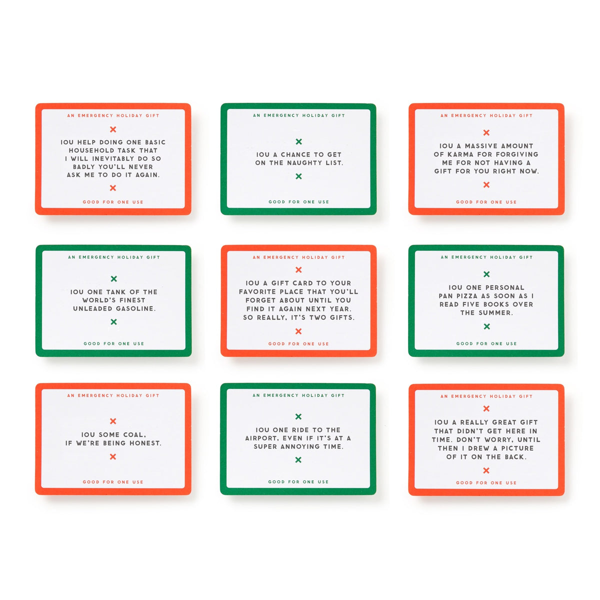 Brass Monkey’s Emergency Holiday IOUs Card Set features nine rectangular cards with red, orange, or green borders and funny IOUs—like chores, coffee, or jokes—displayed in a tidy 3x3 grid on a white background.