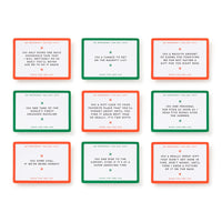 Brass Monkey’s Emergency Holiday IOUs Card Set features nine rectangular cards with red, orange, or green borders and funny IOUs—like chores, coffee, or jokes—displayed in a tidy 3x3 grid on a white background.