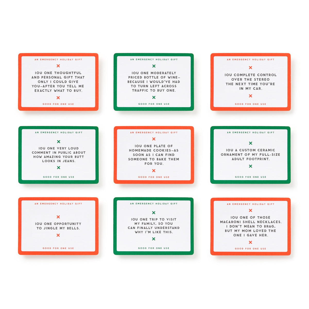 The Emergency Holiday IOUs Card Set by Brass Monkey features nine holiday-themed cards with red and green borders, each redeemable for thoughtful gestures like homemade cookies, a custom ornament, or quality time together.