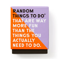 The Brass Monkey Random Things To Do Box features a purple and orange cover with bold text: "Random things to do* that are way more fun than the things you actually need to do.