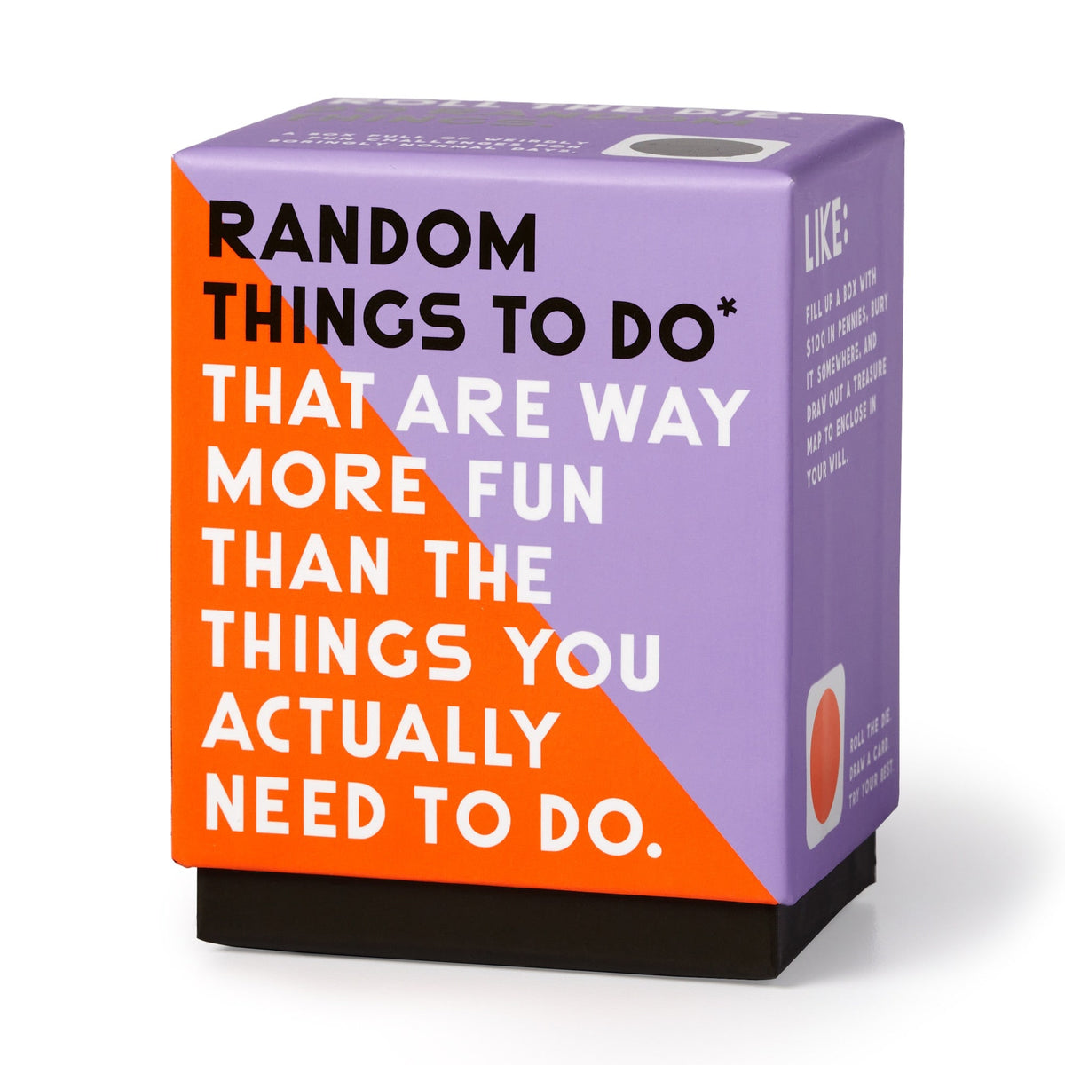 A Brass Monkey Random Things To Do Box in purple and orange stands upright on a white background, featuring the text: RANDOM THINGS TO DO* THAT ARE WAY MORE FUN THAN THE THINGS YOU ACTUALLY NEED TO DO.