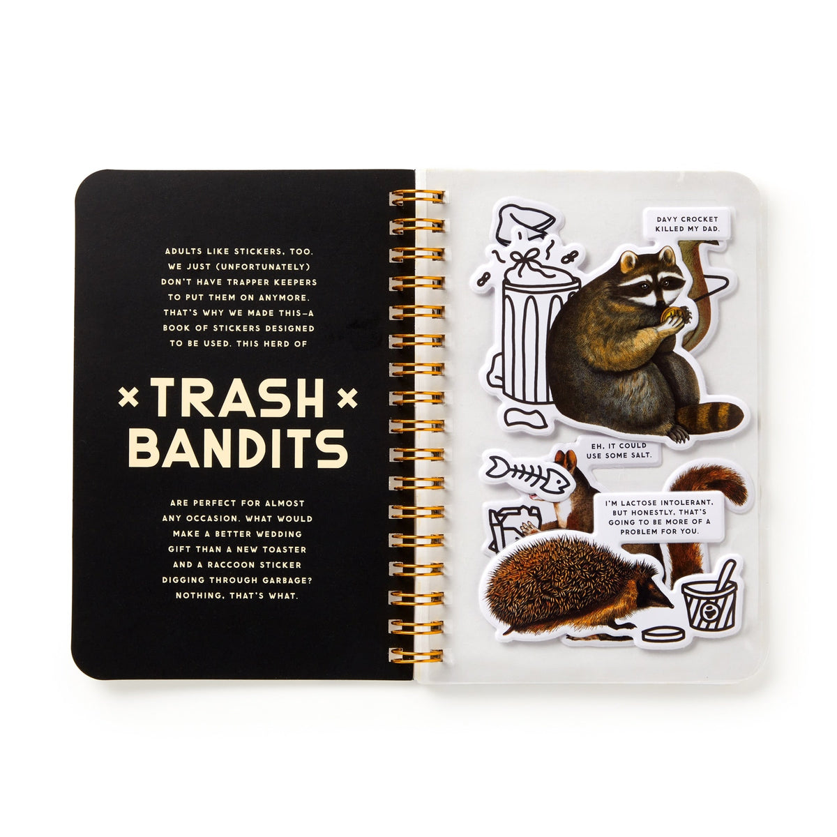 The Brass Monkey Trash Bandits Sticker Book is shown open to a page titled "Trash Bandits," featuring info about stickers and a clear sheet with raccoon, hedgehog, food, and trash-themed stickers.