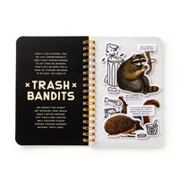 The Brass Monkey Trash Bandits Sticker Book is shown open to a page titled "Trash Bandits," featuring info about stickers and a clear sheet with raccoon, hedgehog, food, and trash-themed stickers.
