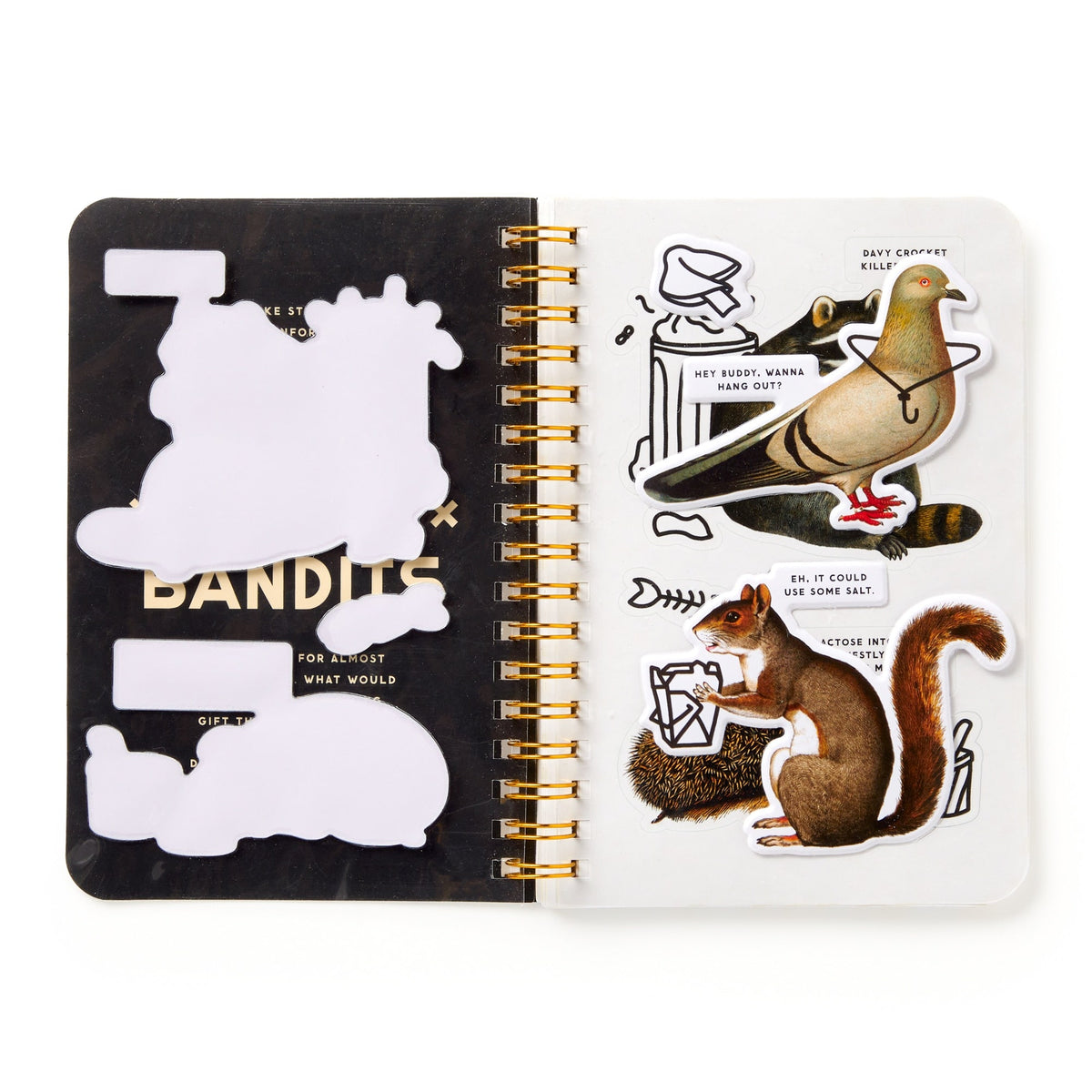 The Brass Monkey Trash Bandits Sticker Book features an open spiral design with pigeon and squirrel-shaped sticky notes and playful speech bubbles on the right, plus quirky white silhouette sticky notes on the left page.