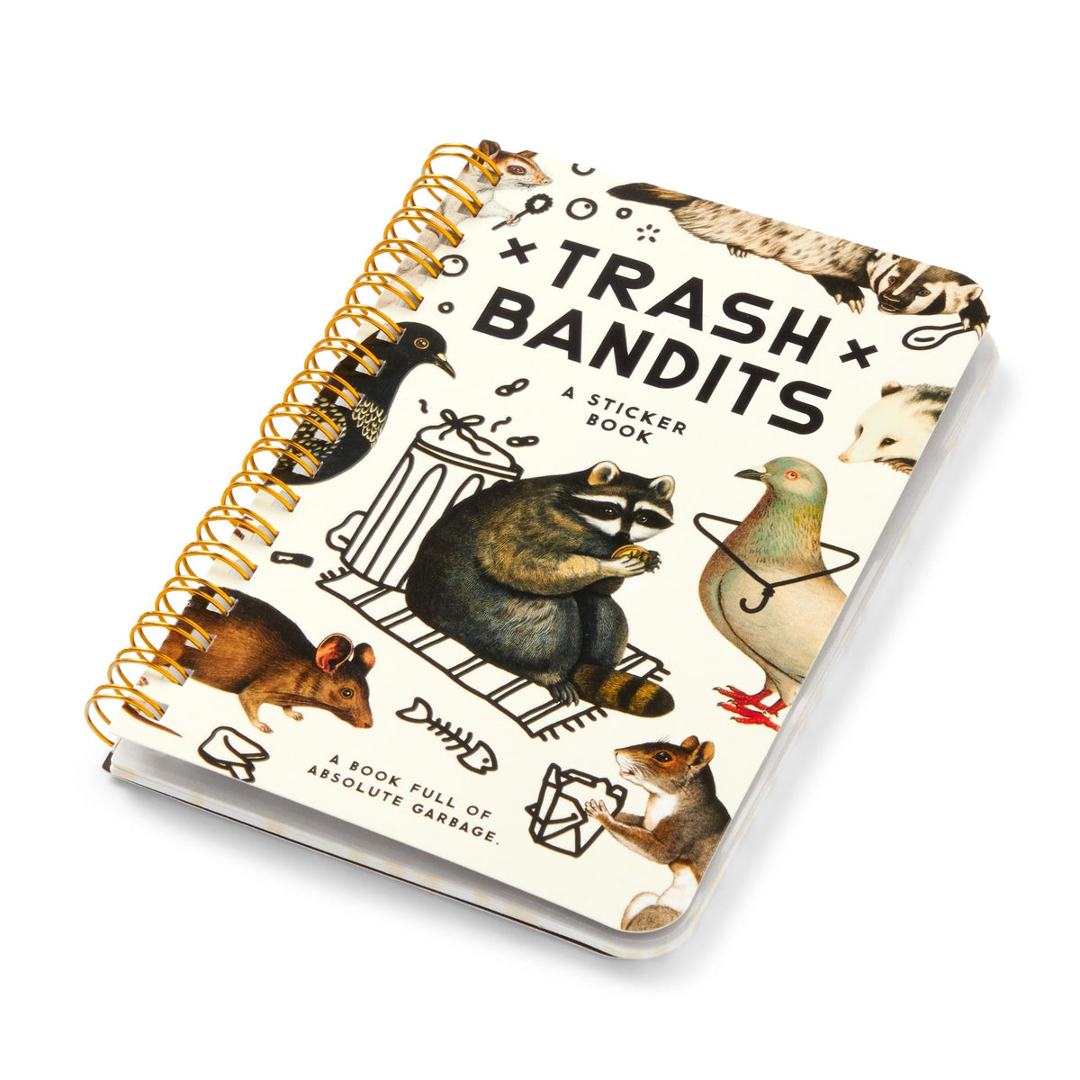The Brass Monkey Trash Bandits Sticker Book is spiral-bound and features illustrated animals—raccoon, rat, pigeon, opossum, and mouse—with trash and a garbage can on the cover.