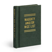 A dark green hardcover Naughty and/or Nice Tiny Diary by Brass Monkey, featuring gold text on the cover and spine, stands upright against a white background.