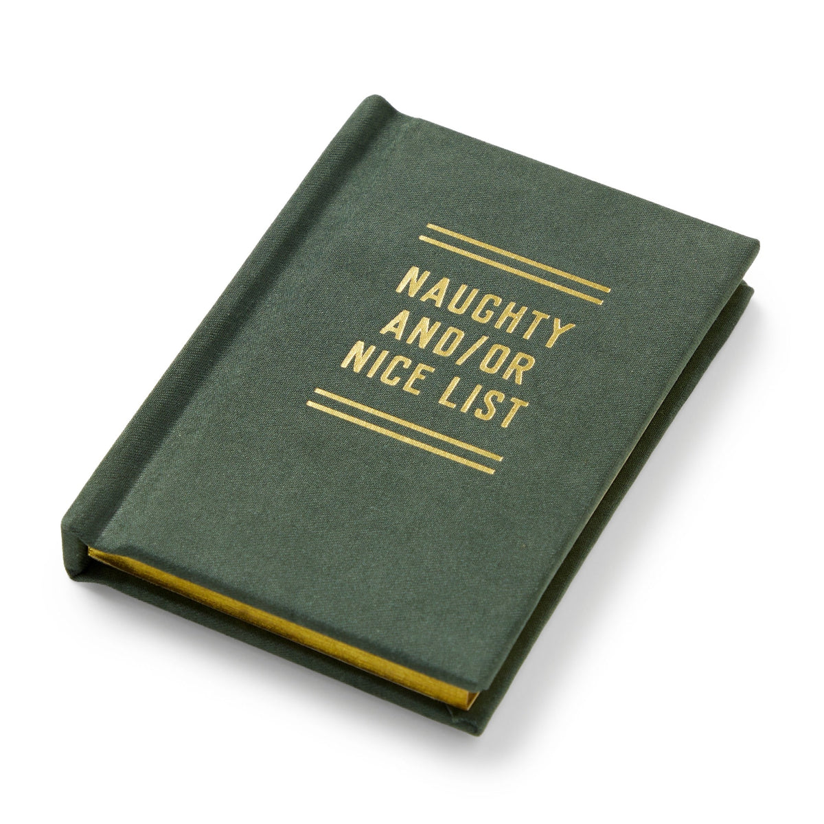 The Brass Monkey Naughty and/or Nice Tiny Diary is a small, dark green book with gold cover text, shown closed on a white background.