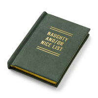 The Brass Monkey Naughty and/or Nice Tiny Diary is a small, dark green book with gold cover text, shown closed on a white background.