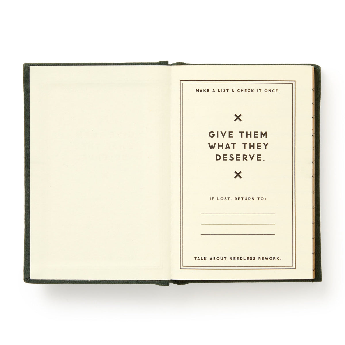 An open Brass Monkey Naughty and/or Nice Tiny Diary displays a page with bold text: “Give them what they deserve.” Spaces for contact details appear, along with smaller lines: “Make a list & check it once” and “Talk about needless rework.”.