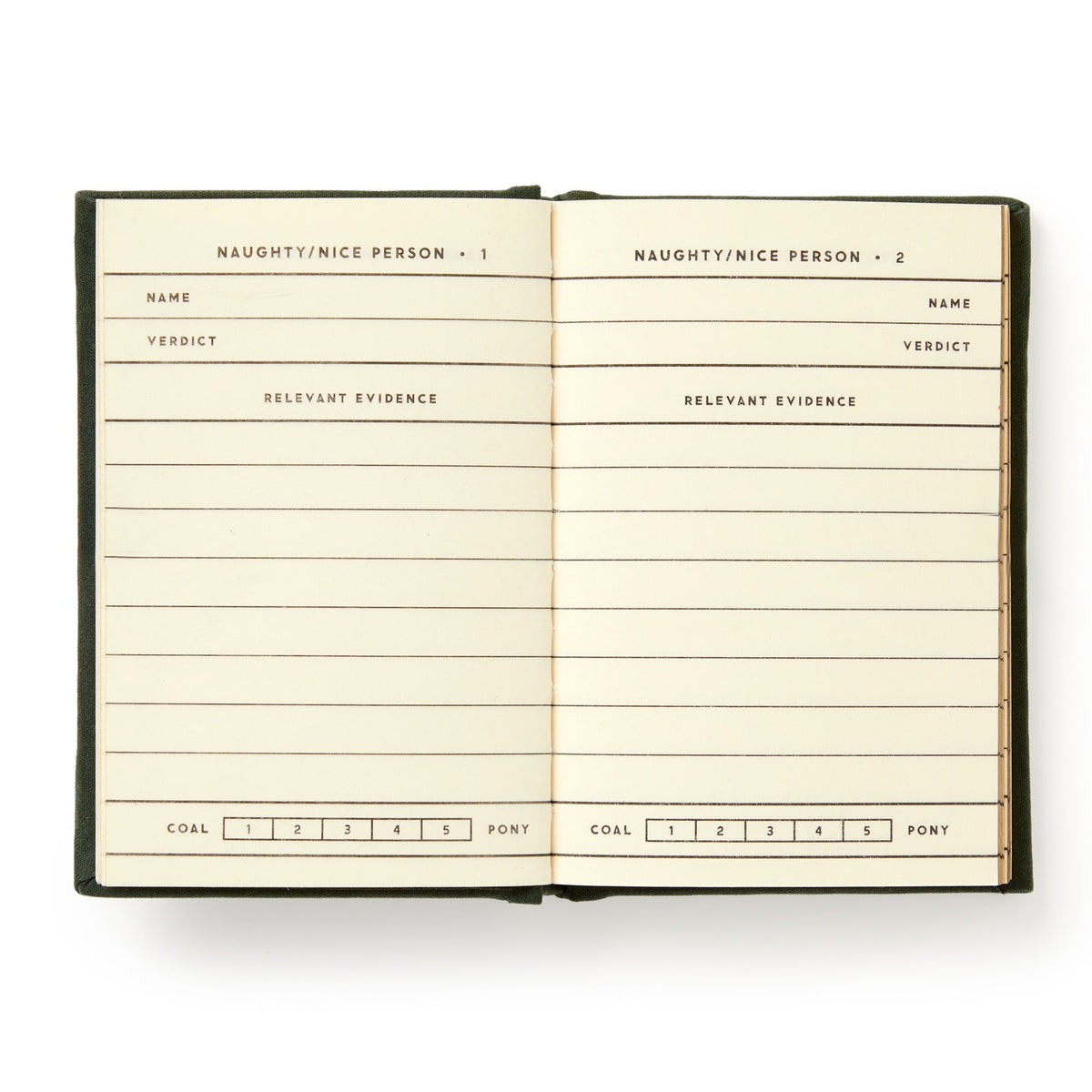 The Brass Monkey Naughty and/or Nice Tiny Diary is an open notebook with pages to track names, verdicts, evidence, and a rating from coal to pony for each person.