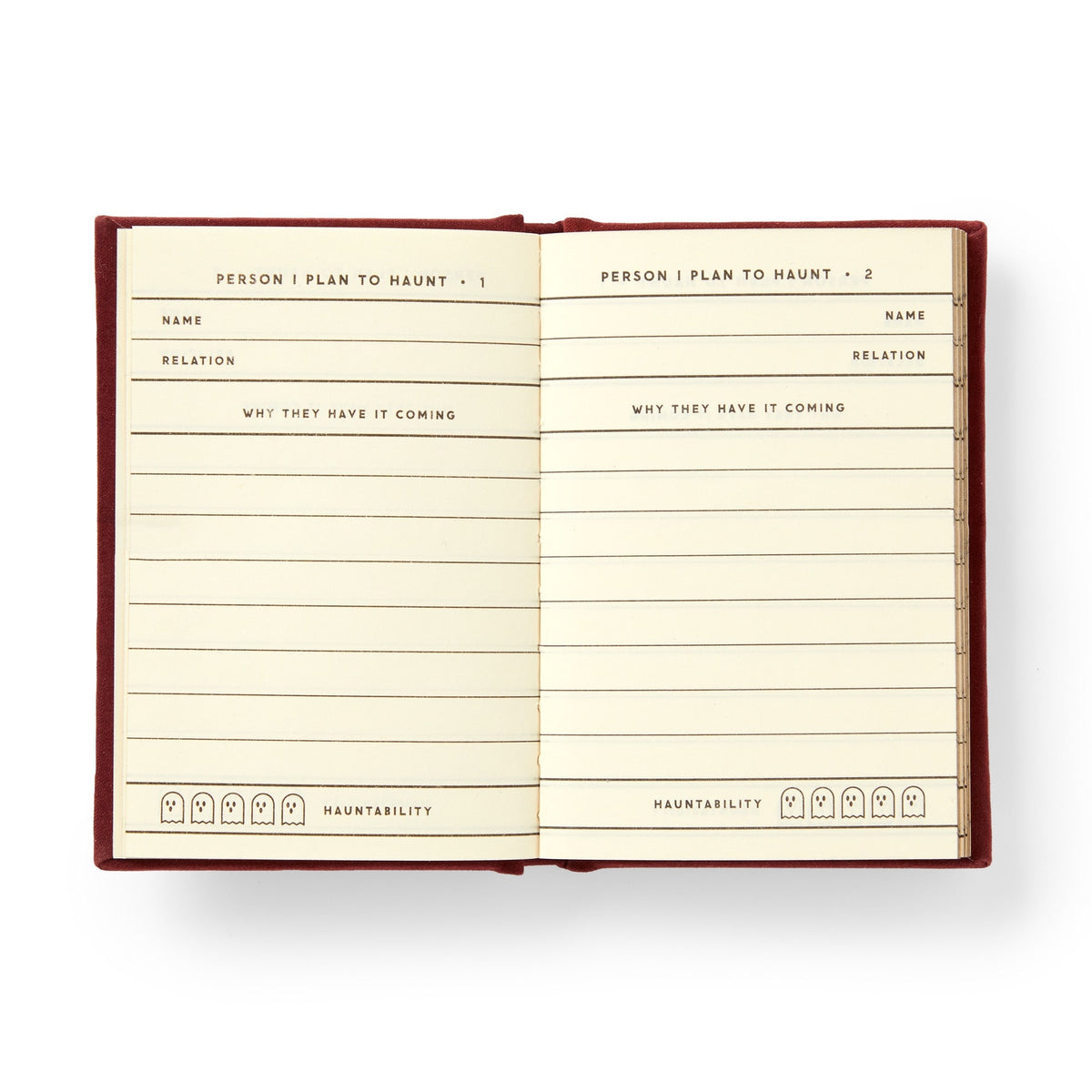The Brass Monkey People I Plan To Haunt Tiny Diary is an open notebook for two people per page, with spaces for name, relation, haunting reason, and a hauntability scale featuring illustrated ghost icons at the bottom.