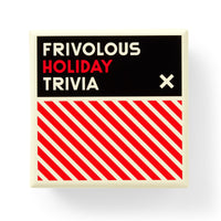 A square game box from Brass Monkey, labeled Frivolous Holiday Trivia in bold white and red text on a black background, features a white X and red diagonal stripes on the lower half.