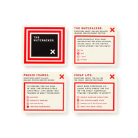 Frivolous Holiday Trivia by Brass Monkey features four square-arranged cards with bold black, red, and white designs, offering multiple-choice questions on The Nutcracker, Freeze Frames, and Shelf Life—perfect for festive fun.
